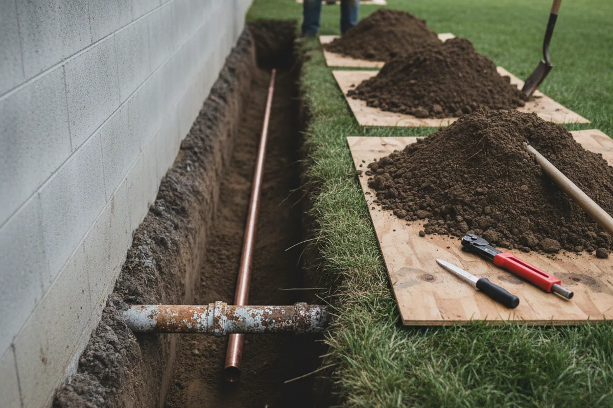 Excavated water line trench during Water Softener Installation in Check